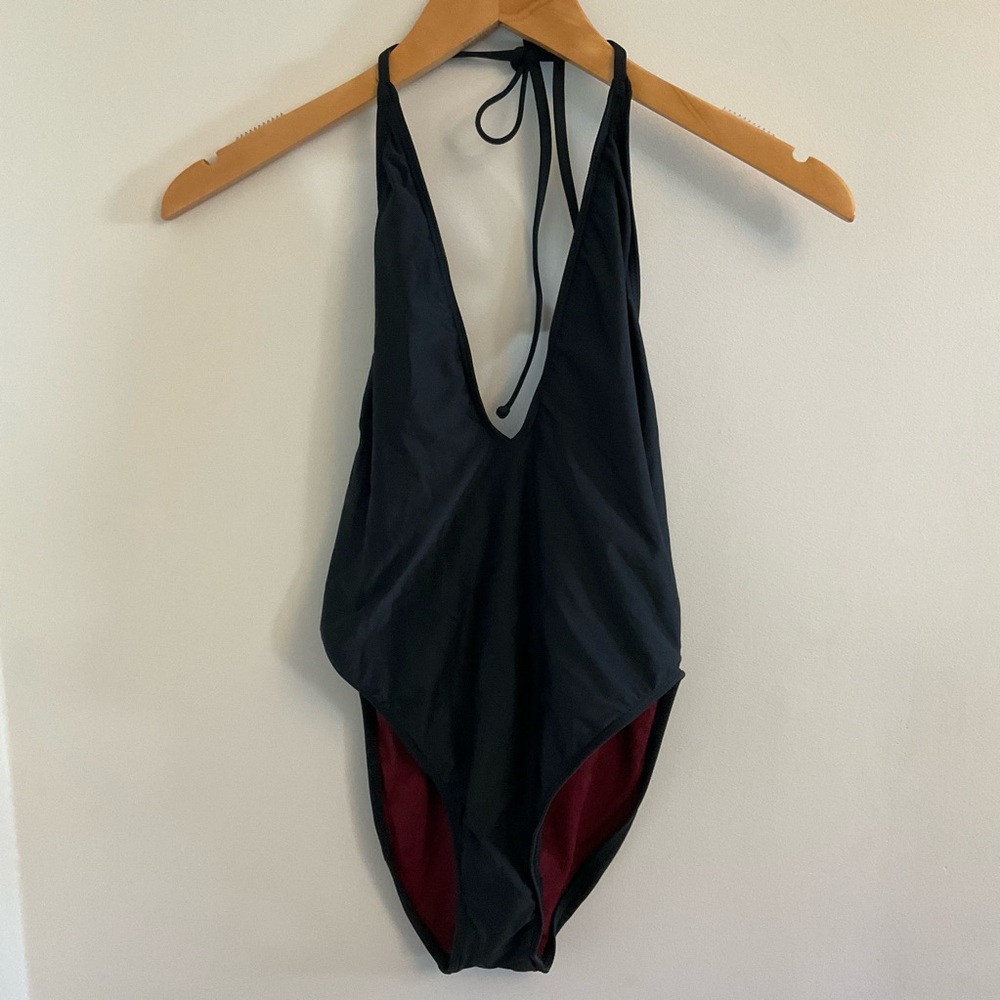 The Bikini Lab Black Halter One-Piece Swimsuit with Wine Lining, Sz M NWT